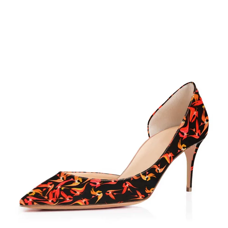 Maple Floral Kitten Heel Pointy Toe Pumps with Suede Vdcoo