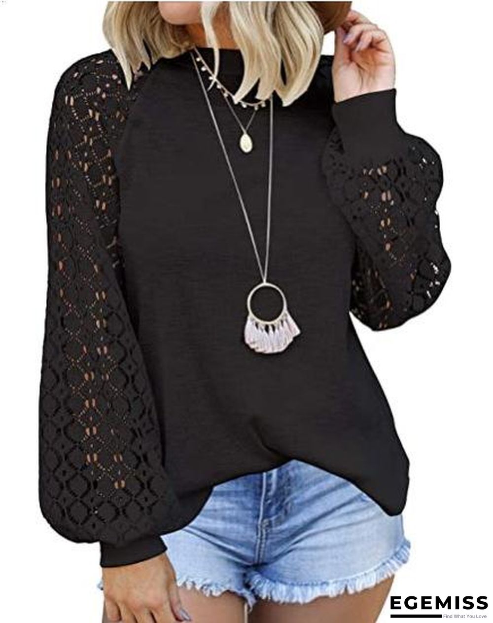 New Round Neck Long Sleeve Lace Patchwork Blouse for Women | EGEMISS