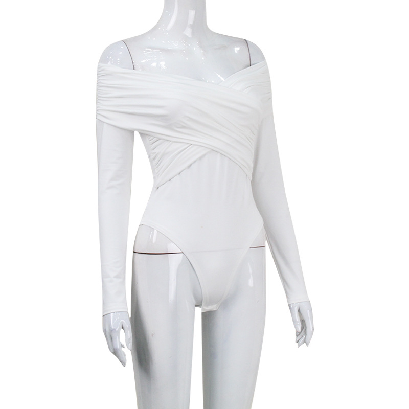 Ootddress White See-Through Patchwork Jumpsuit For Women Pleated Slim Sexy High Waist Long Sleeve Off-Shoulder Rompers Streetwear