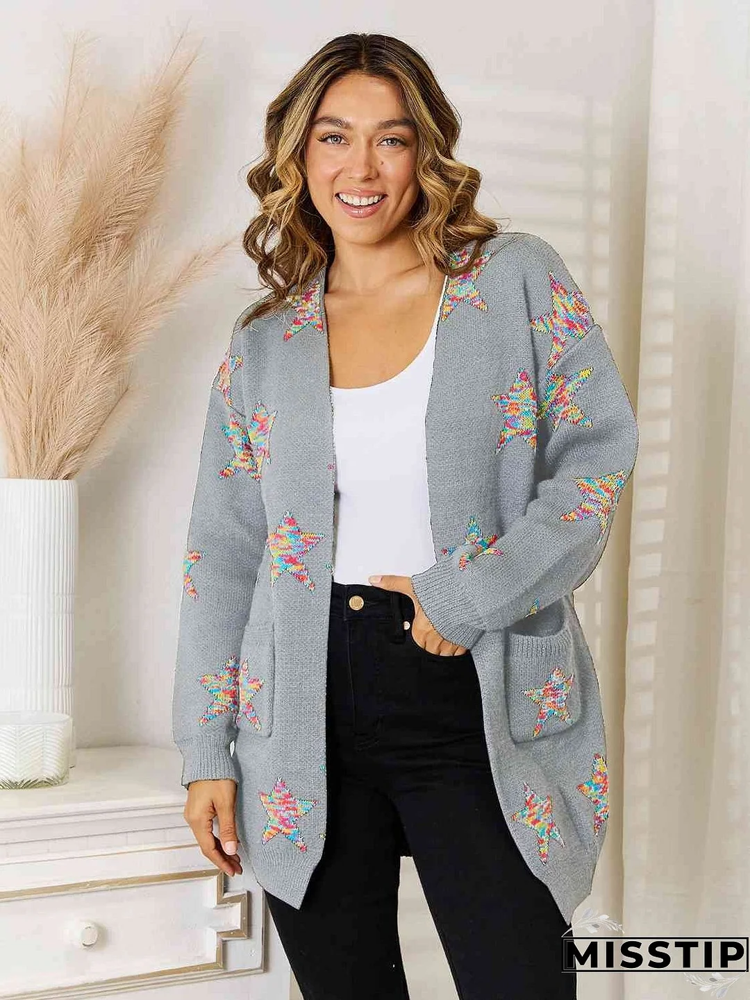 Star Pattern Open Front Cardigan with Pockets