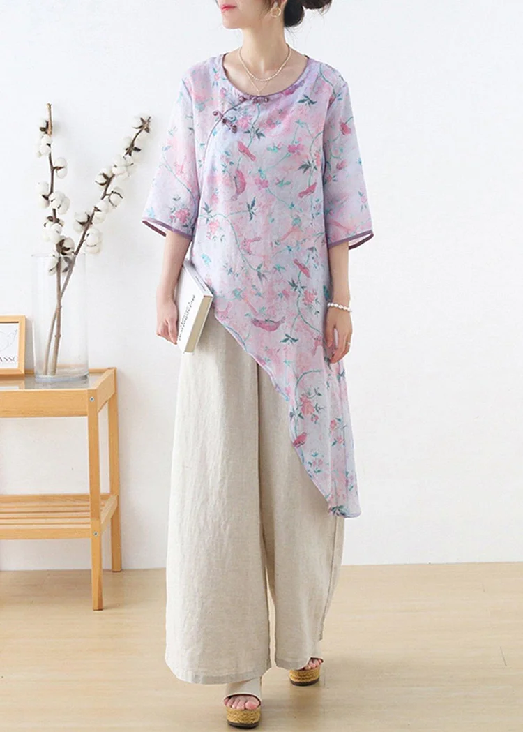 French Light Purple Print Oriental asymmetrical design Top Ramie Short Sleeve