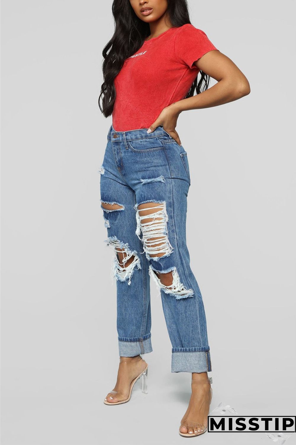 Light Blue Fashion Casual Solid Broken Hole Straight Jeans