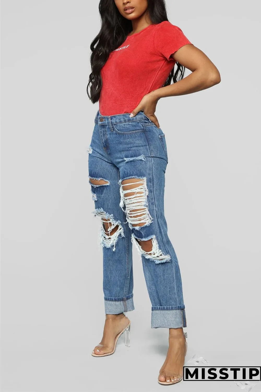 Light Blue Fashion Casual Solid Broken Hole Straight Jeans