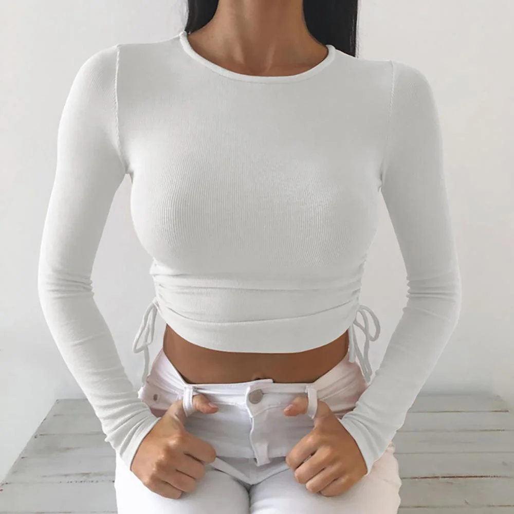 Casual Solid O-Neck Long Sleeve Crop Top Women Side Drawstring Ruched White T-Shirt Female Tee Shirt Top For Women Clothing