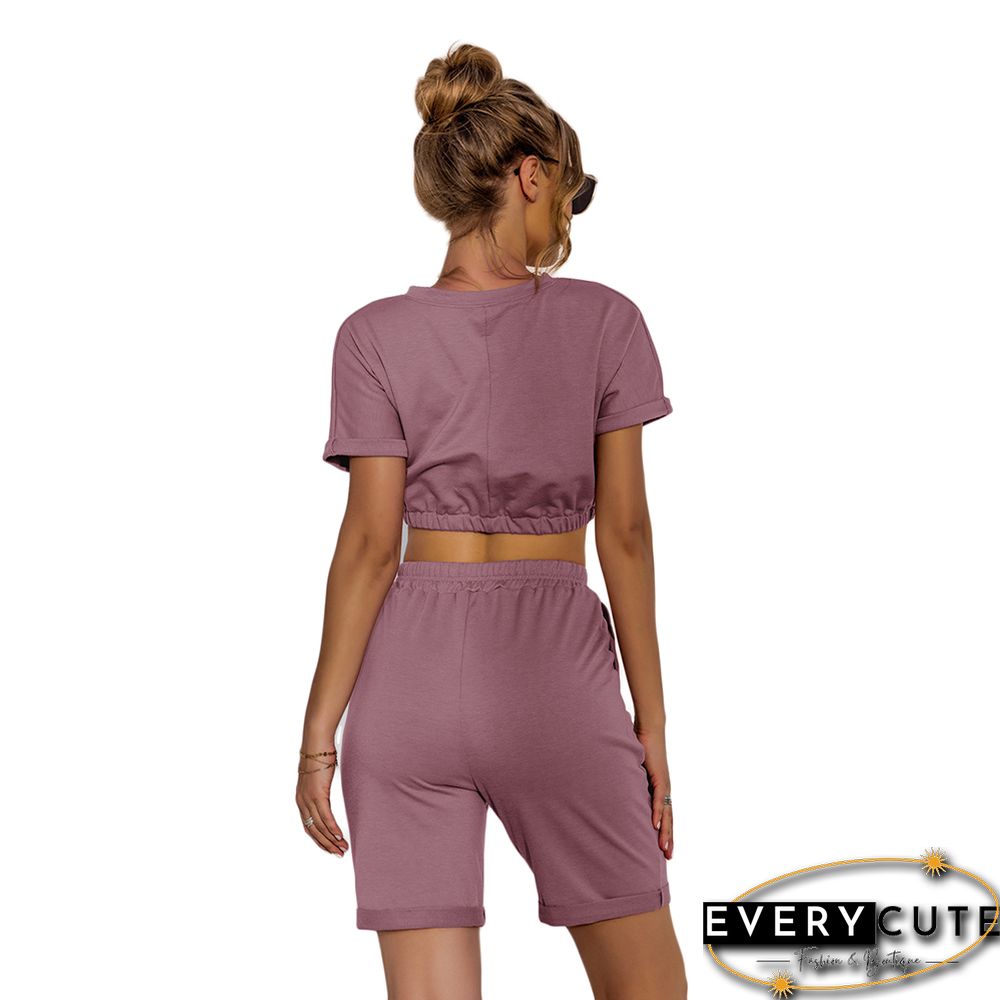 Pink Crop Top with Drawstring Shorts Set