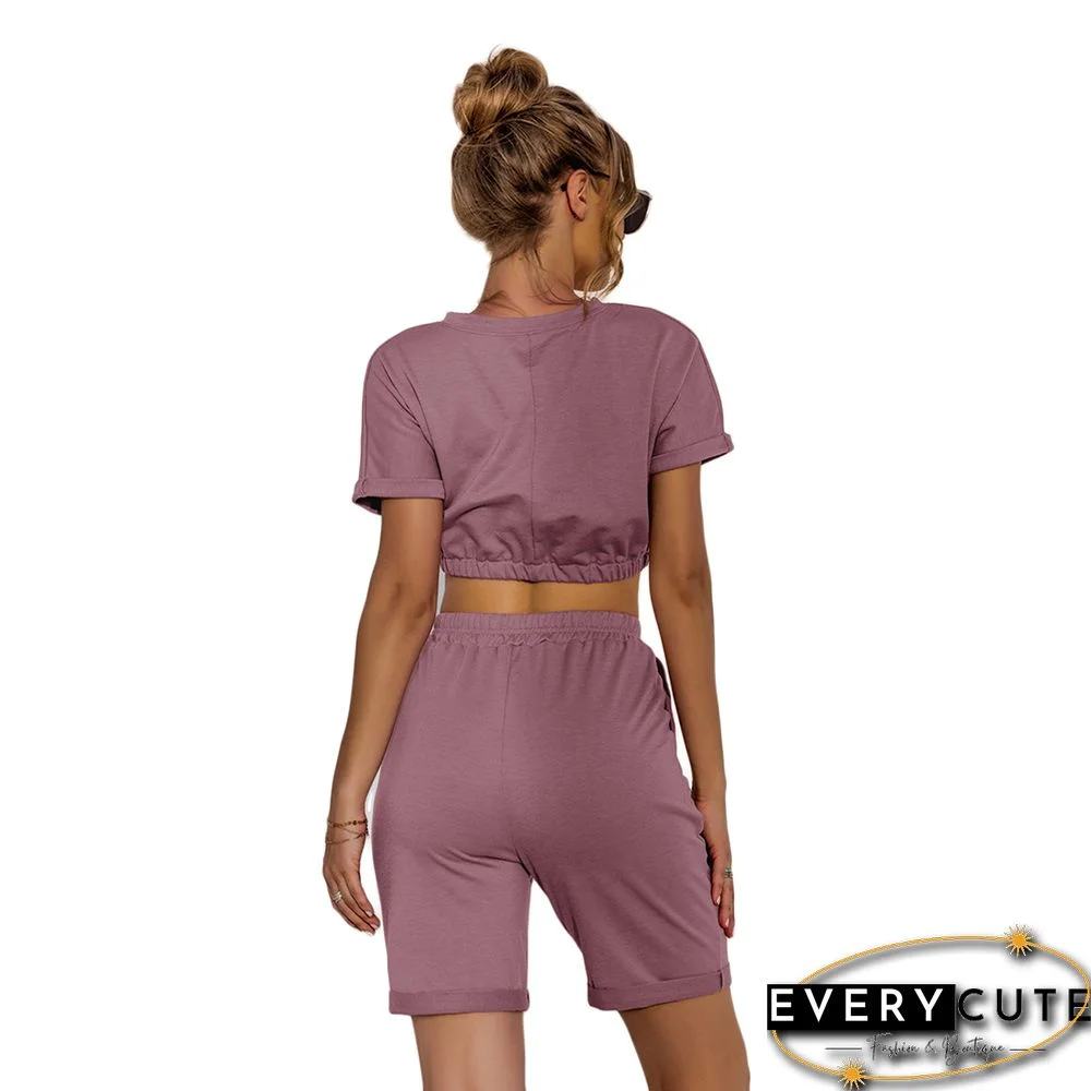 Pink Crop Top with Drawstring Shorts Set