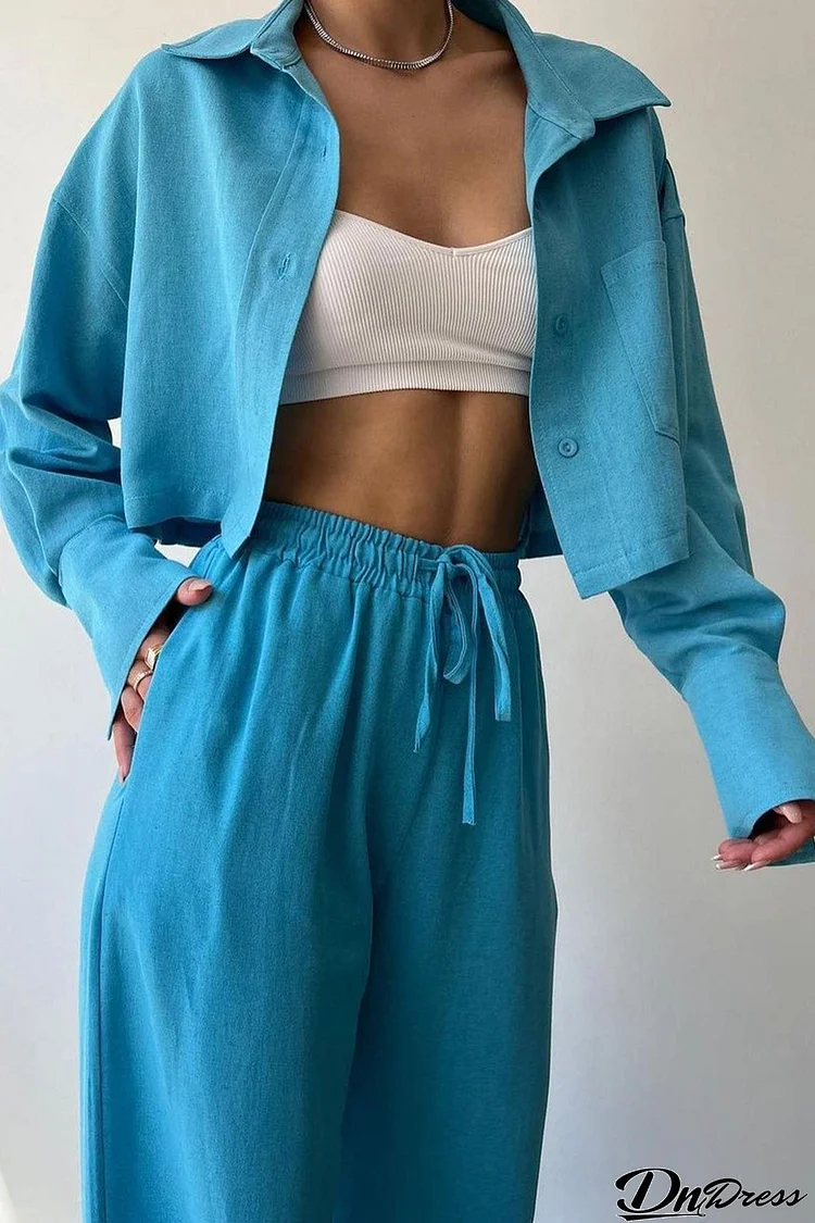 Solid Long Sleeve Shirt Crop Top Long Pants Suits