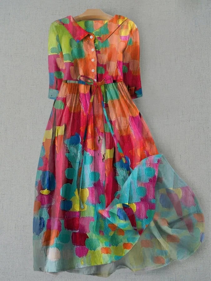 Women's Vintage Floral Print Lapel Waist Tie-Up Dress