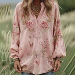 Women's Vintage Rose Art Pattern V-neck Loose Blouse - Image 2
