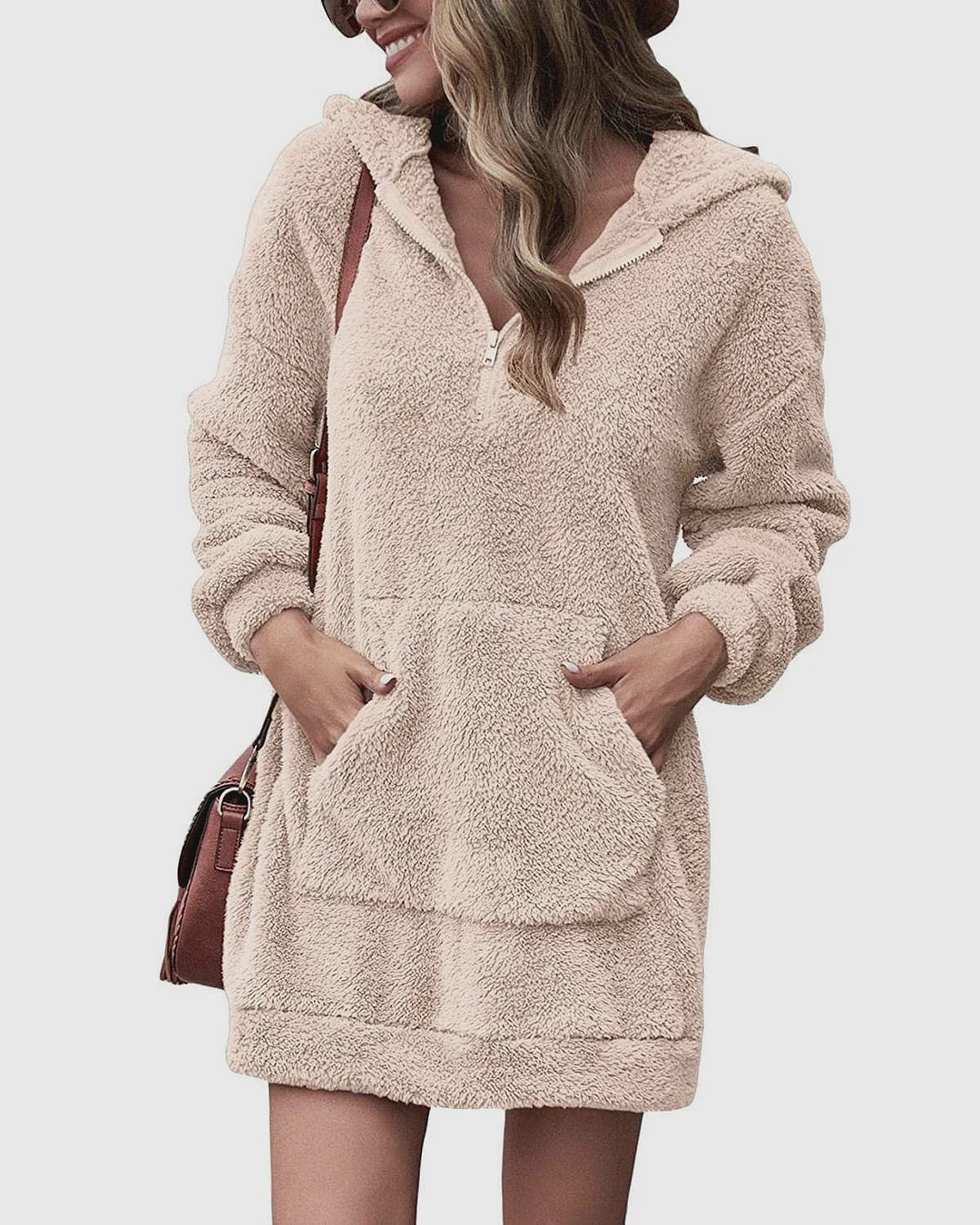 Winter Hooded Sweatshirt Women Fashion Streetwear Pocket Zipper Fleece Warm Pullovers Tops Female Oversized Long Hoodies Dress