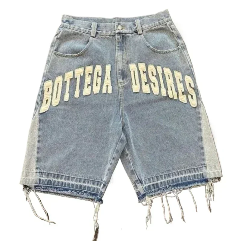 Multiplewell American Y2K New Fashion Trend Letters Embroidered Denim Shorts Men Street Hip Hop Retro Loose Jeans Couple Casual Denim Shorts