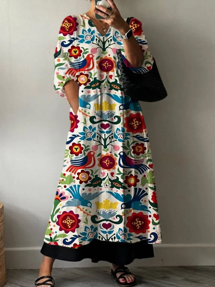Women's  Retro Floral Print Pocket V-neck Cotton Dress