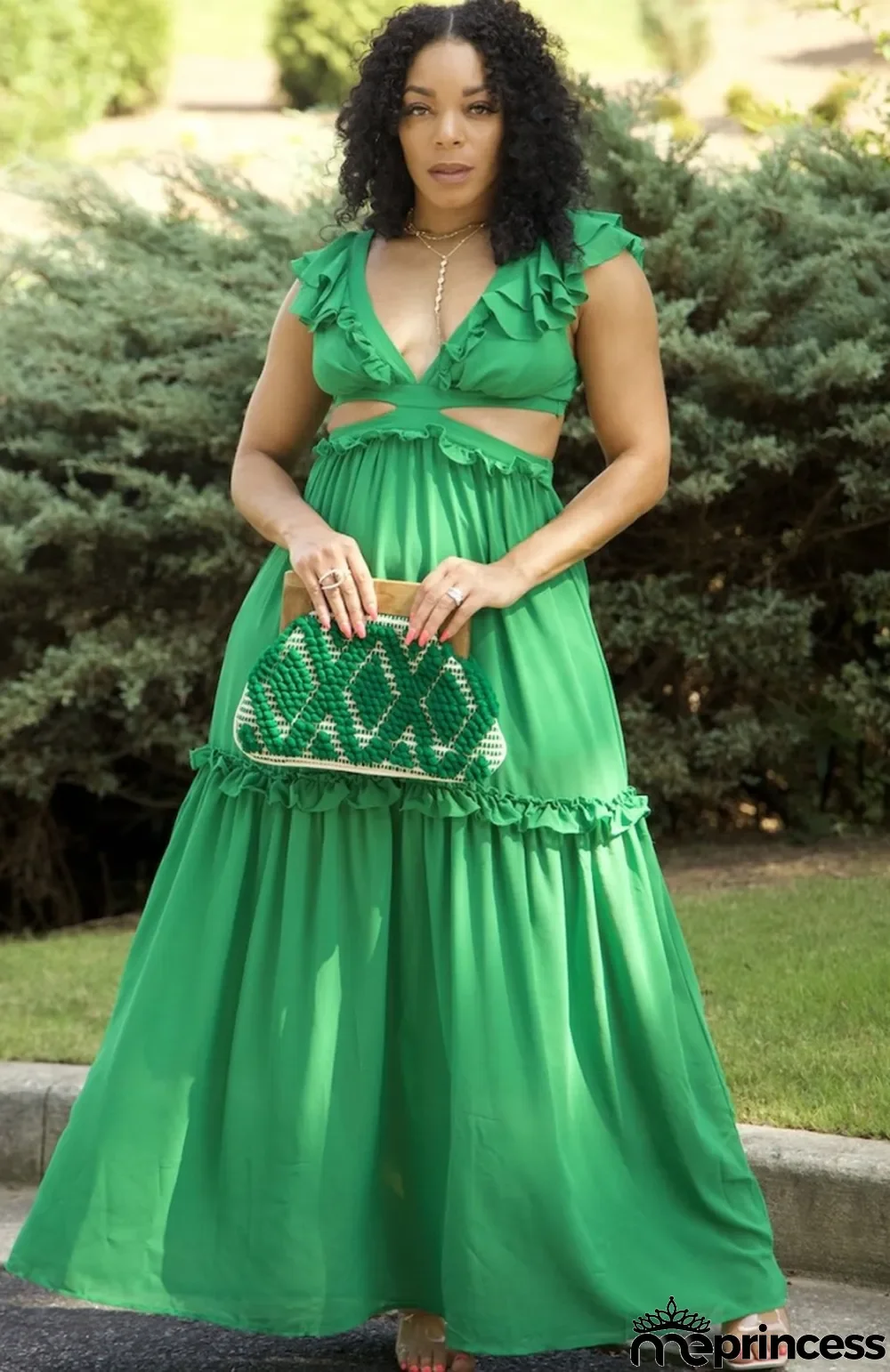 Summer Green V-Neck Cut Out Sleeveless Ruffles Long Dress