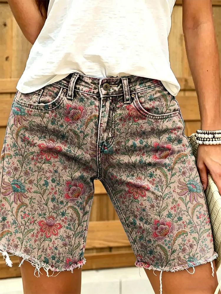 Ethnicity Vintage Flowers Women's Art Print Casual Denim Shorts