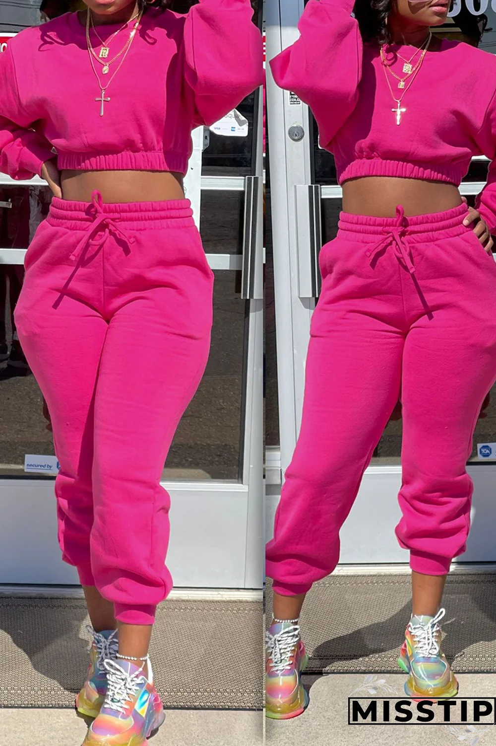 Yellow Street Solid Patchwork O Neck Long Sleeve Two Pieces