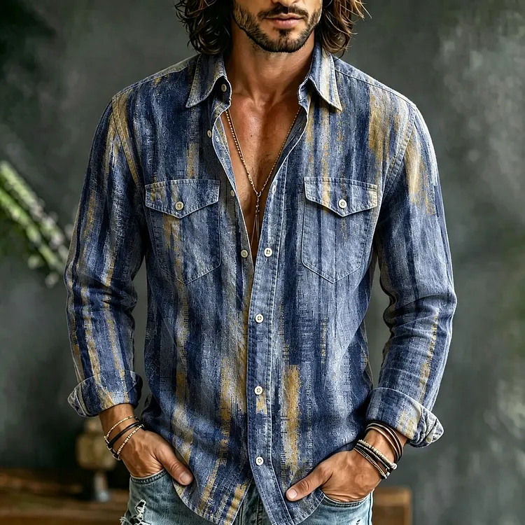 Men's Vintage Geometric Art Print Pocket Linen Shirt