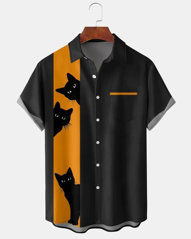 Men's Halloween Elements Cat Graphic Print Short Sleeve Shirt