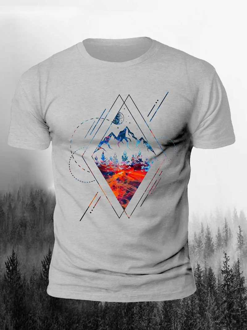 Starry Sky Halo Dyed Mountain And Forest Personality Print Short Sleeve Men's T-Shirt in  mildstyles