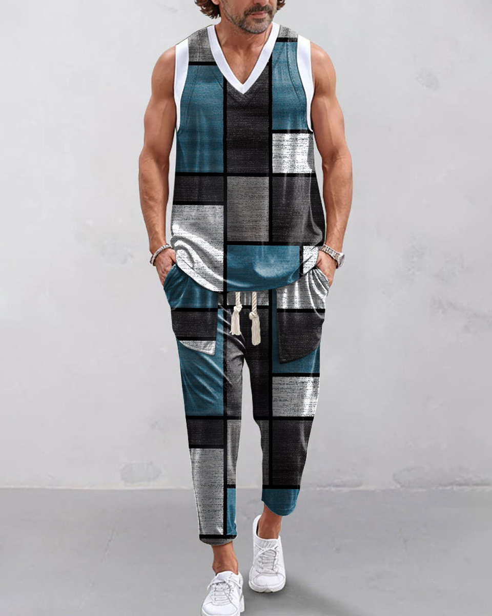 Men's daily casual V-neck vest with trousers Set 011