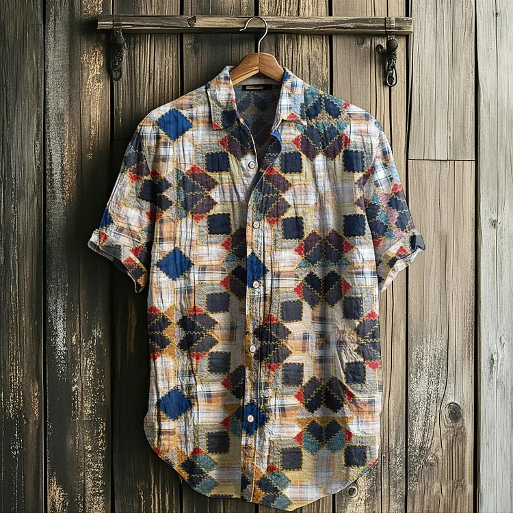 Men's Retro Amish Quilt Patchwork Short Sleeved Linen Shirt