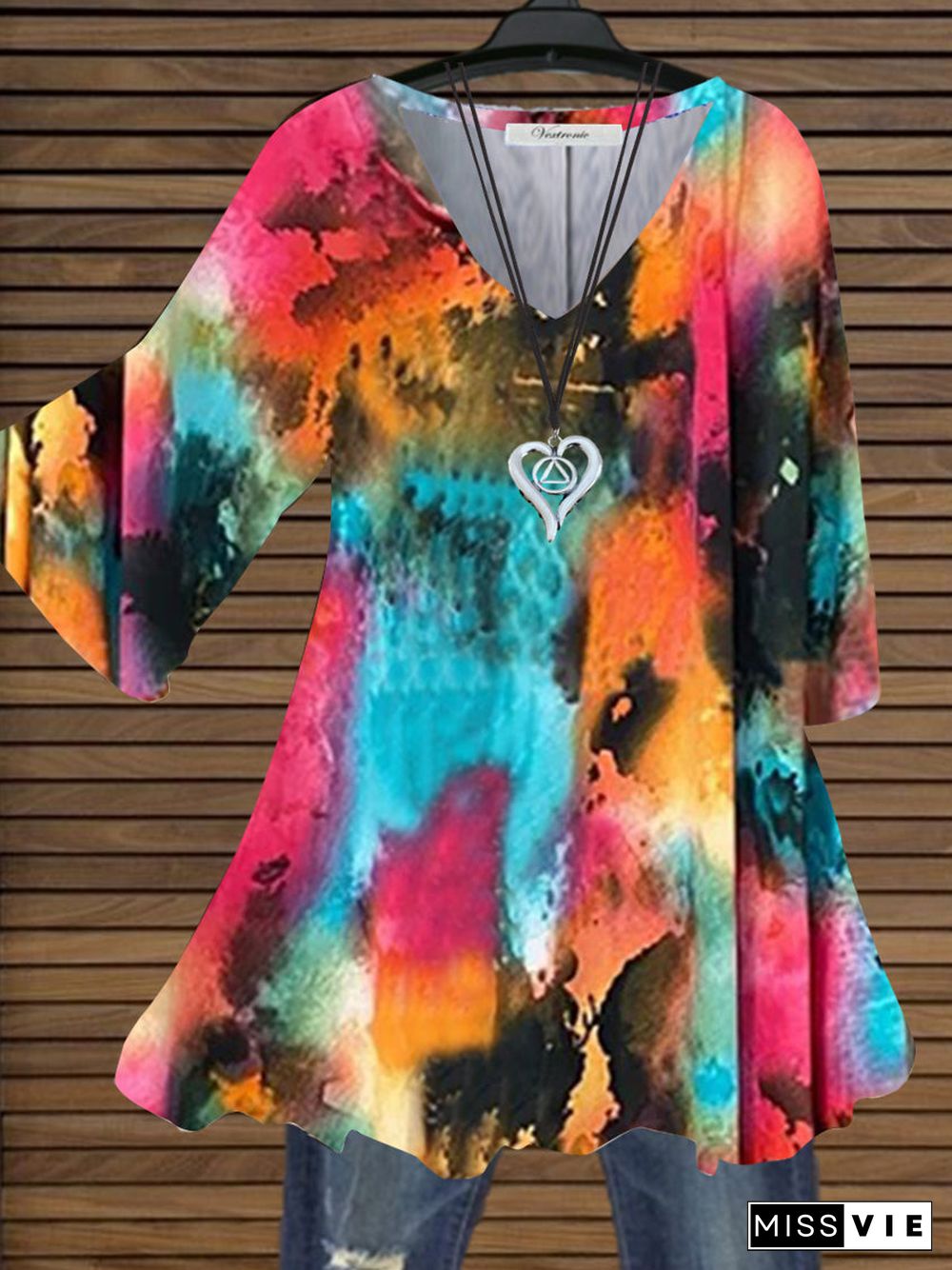 Women Half Sleeve V-neck Colorblock Printed Tops