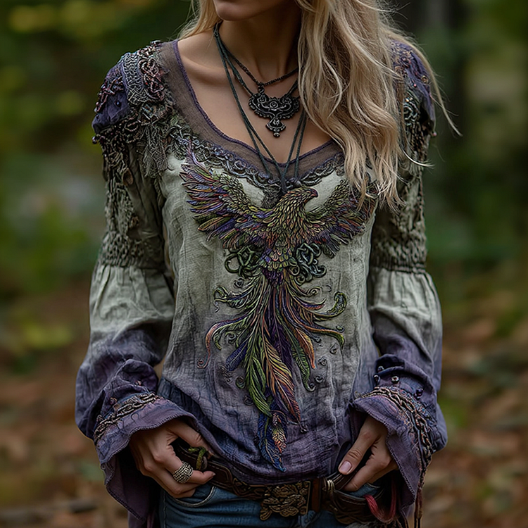 VChics Women's Vintage Viking Celtic Knot Phoenix Art Pattern Linen Shirt