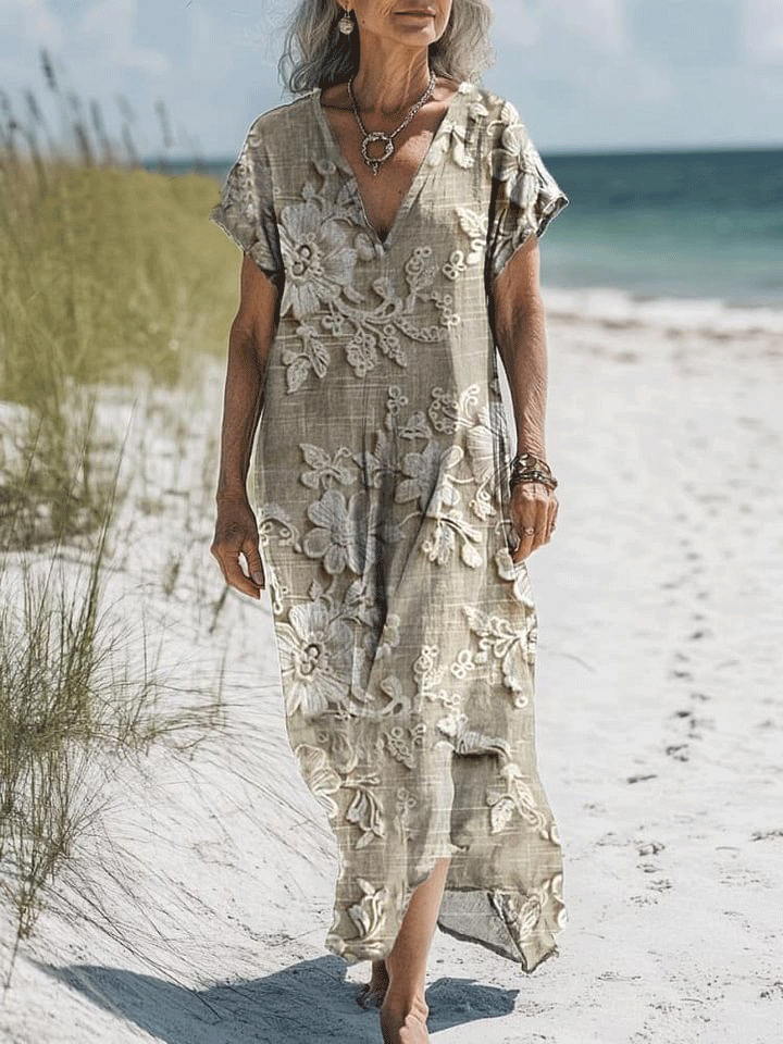 Women's Vintage Lovely Floral Art Print Pocket Cotton Dress