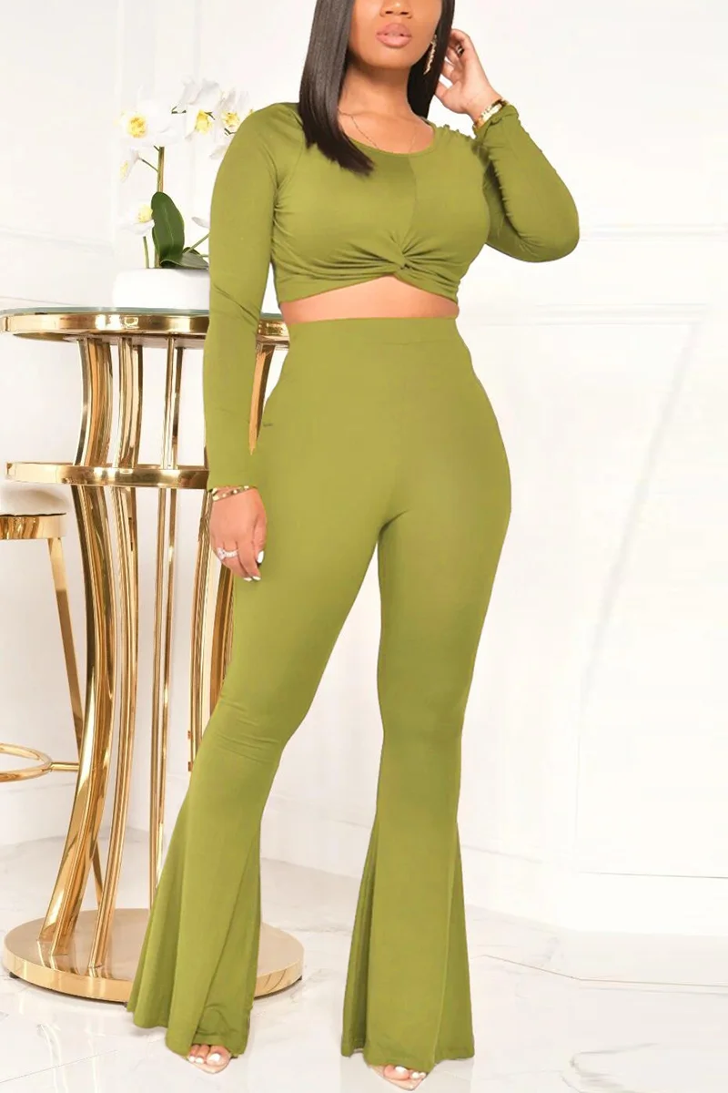 Green Casual Solid Pullovers Pants Basic O Neck Long Sleeve Regular Sleeve Short Two Pieces | EGEMISS