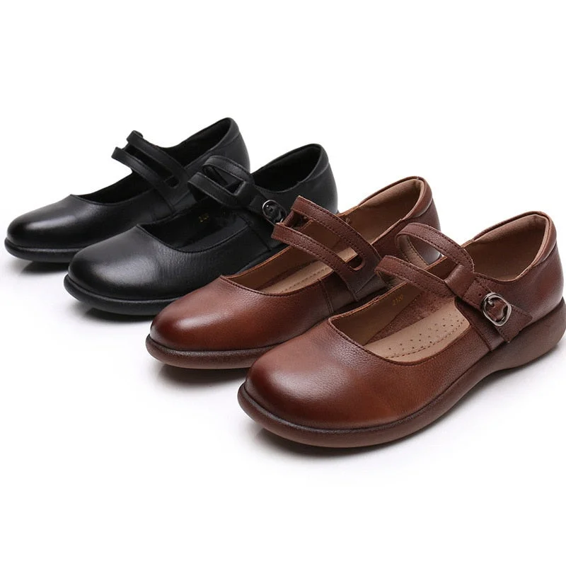 GKTINOO Leather Shoes Women Mary Janes Genuine Leather Women's Shoes Round Toe Belt Buckle Ladies Casual Flats Large Size