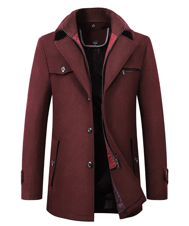 Rogoman Men's Single-breasted Solid Color Fake Two Piece Wool Coat