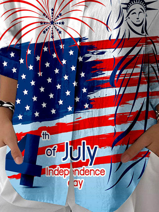 Women 3/4 Sleeve Shirt Collar National Flag Striped Printed Graphic Button Tops