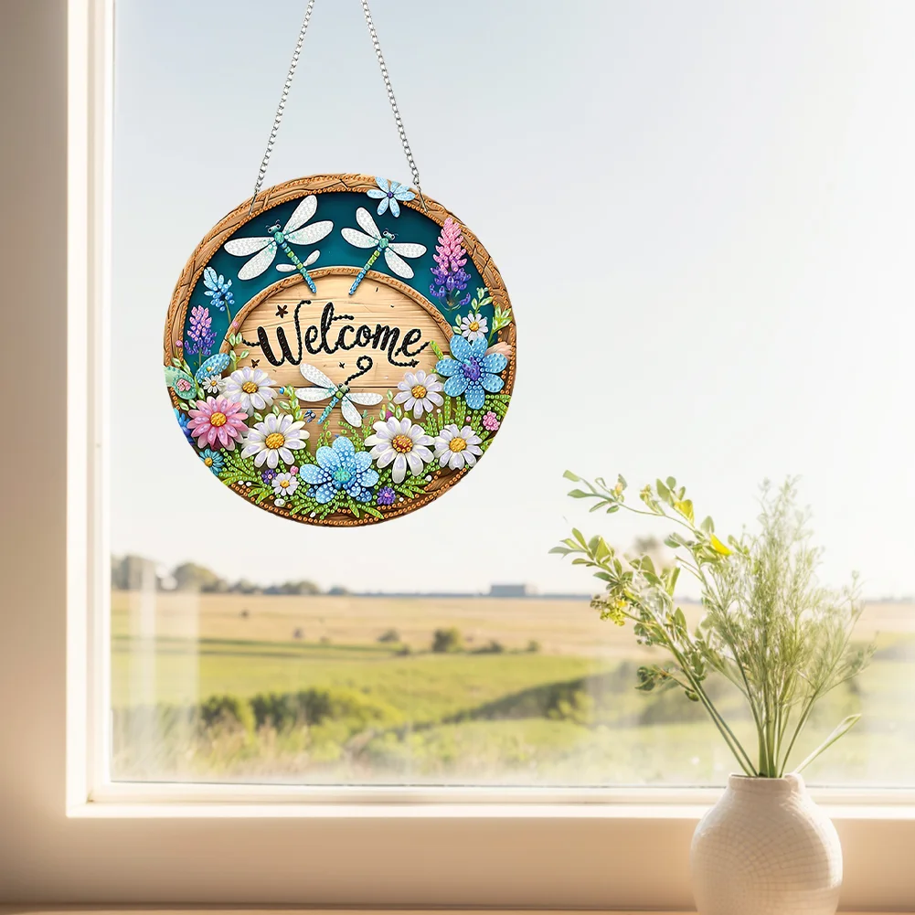 5D DIY Acrylic Special Shape Welcome Flower Dragonfly Diamond Painting Hanging Ornaments