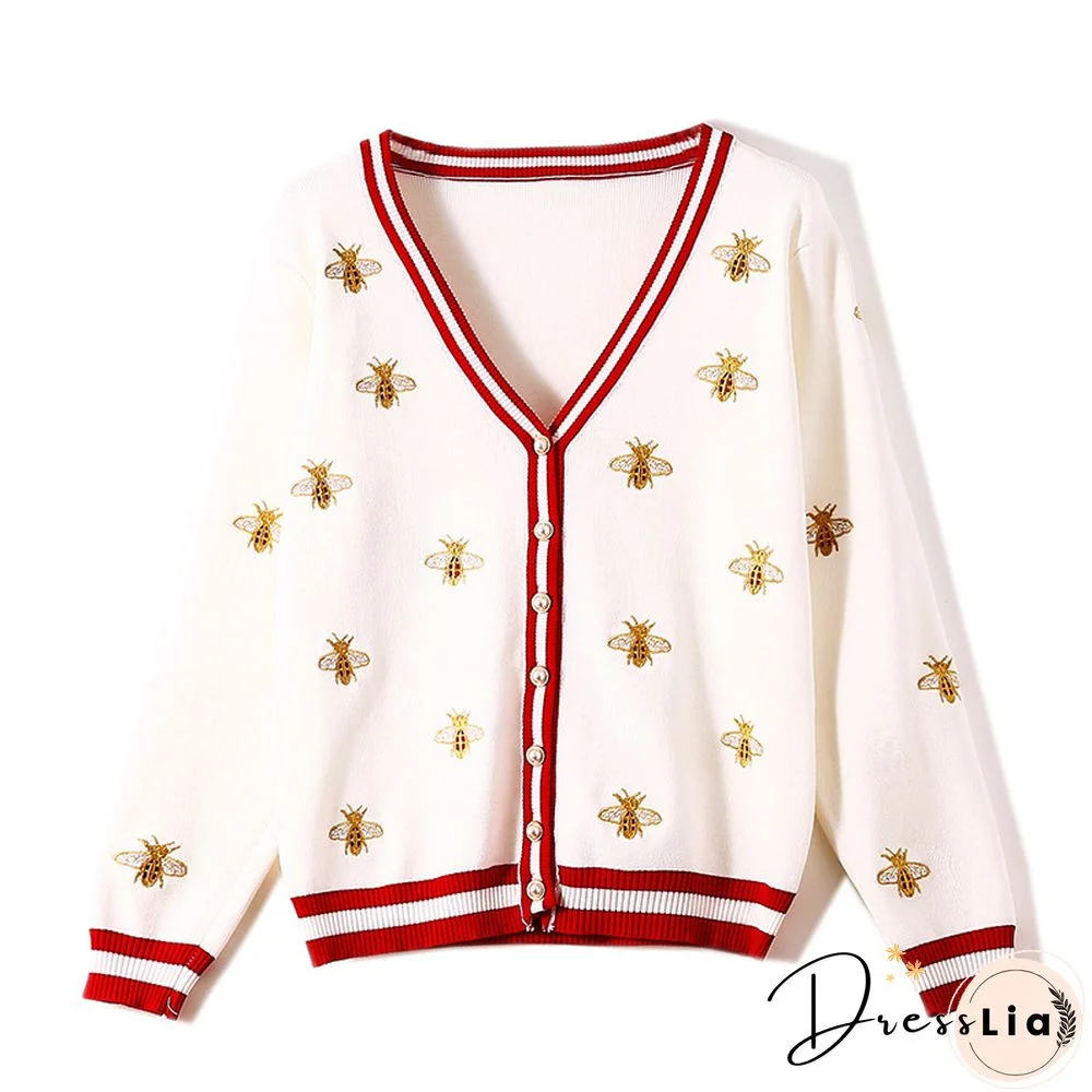 High Quality Fashion Designer Bee Embroidery Cardigan Long Sleeve Single Breasted Contrast Color Button Knitted Sweater