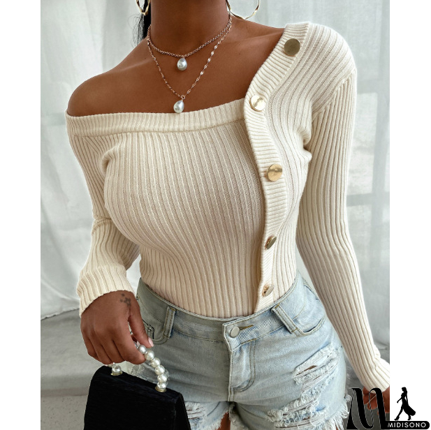 MidiSono - Fashion Stitching Button Long Sleeve Top