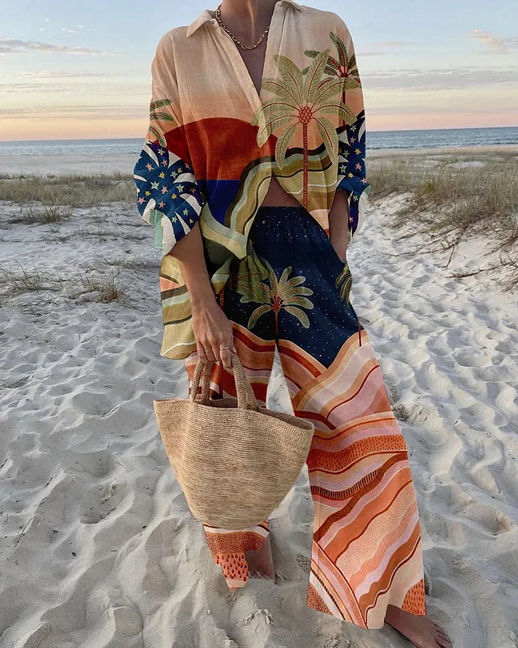 Sunset Palms Print Relaxed Two-Piece Set