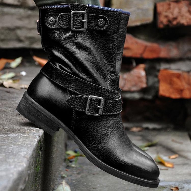 Buckle Low Heel Leather Sleeve Martin Boots