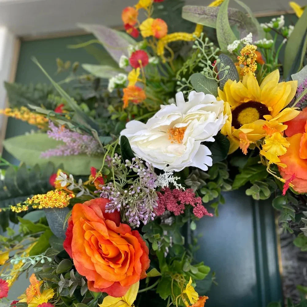 Berry Rattan Circle Simulation Sunflower Wreath Ornament for Thanksgiving