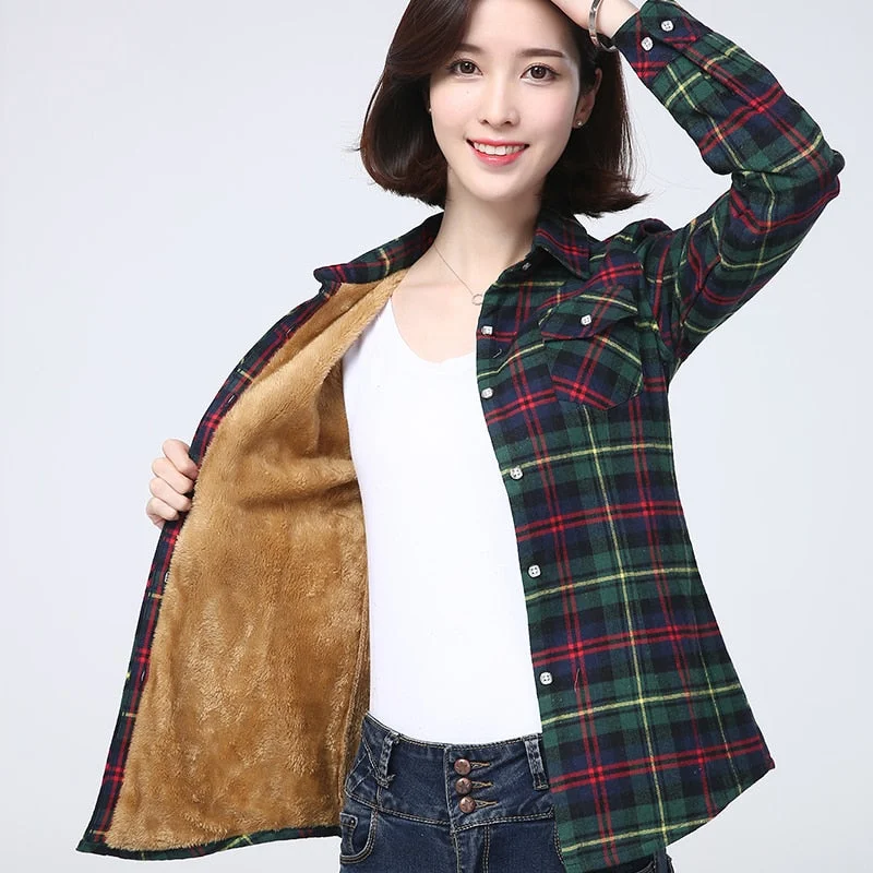 2021 Winter New Women's Warm Plaid Shirt Coat Casual Fleece Velvet Plus Thicke Tops Brand College Style Woman Clothes Outerwear