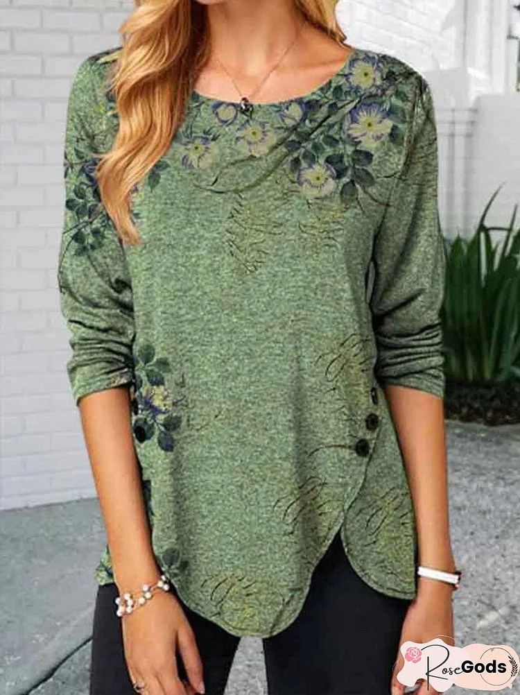 Women Casual Floral Autumn Vintage Asymmetrical Long Sleeve Blouse