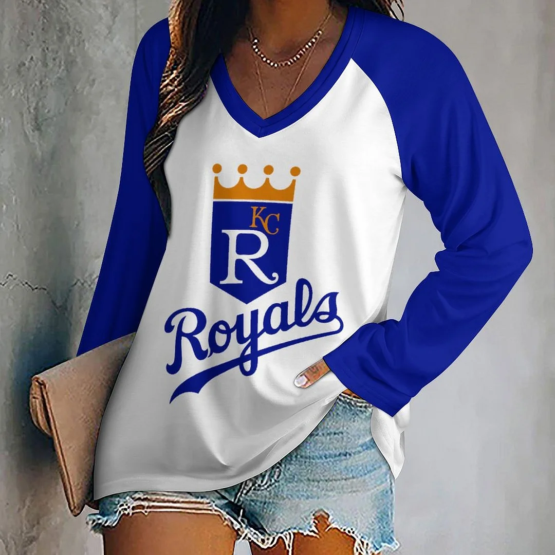 V-neck Long Sleeve Casual T-shirt for  Women and Men Printed with Pattern,Blue,Light Blue,Gold,White
