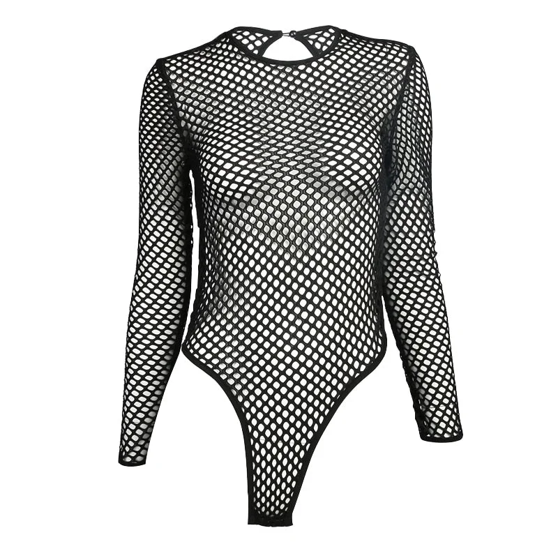 Weekeep Sexy Hollow Out Fishnet Bodysuits Women Backless Long Sleeve Bodysuit Summer Casual Mesh See Through Beach Wear Rompers