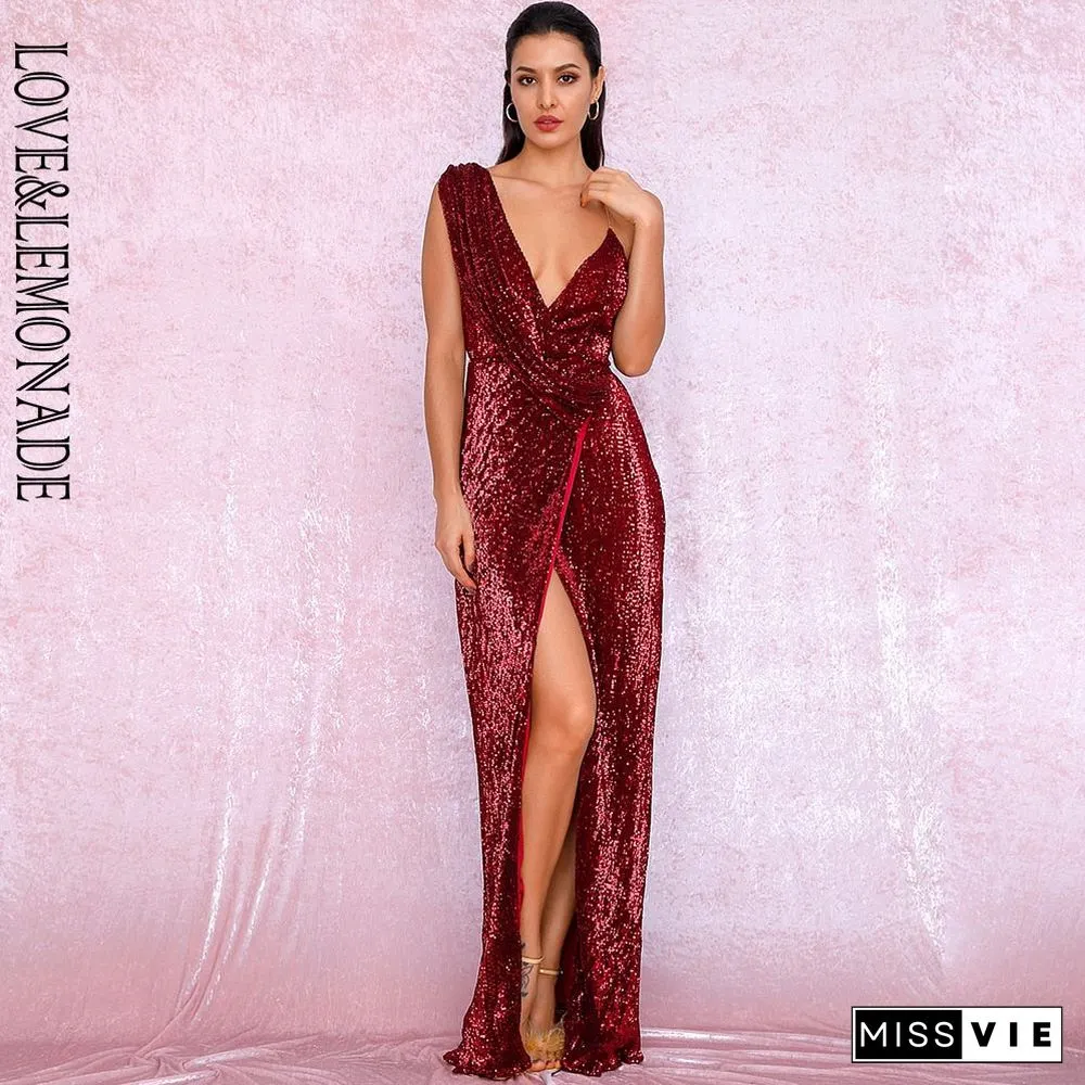 Sexy Deep Red Deep V-Neck Whit Split Sequins Party Maxi Dress LM81849