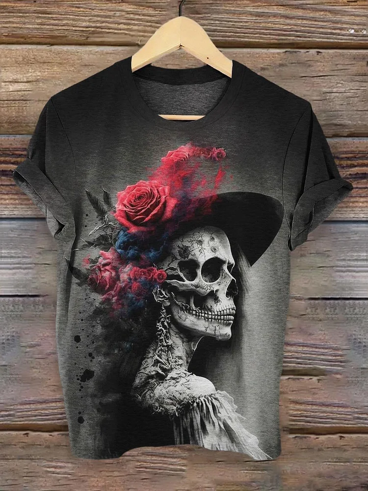 Teecade Teecade Punk Skull Gothic Art Pattern Print T-shirt
