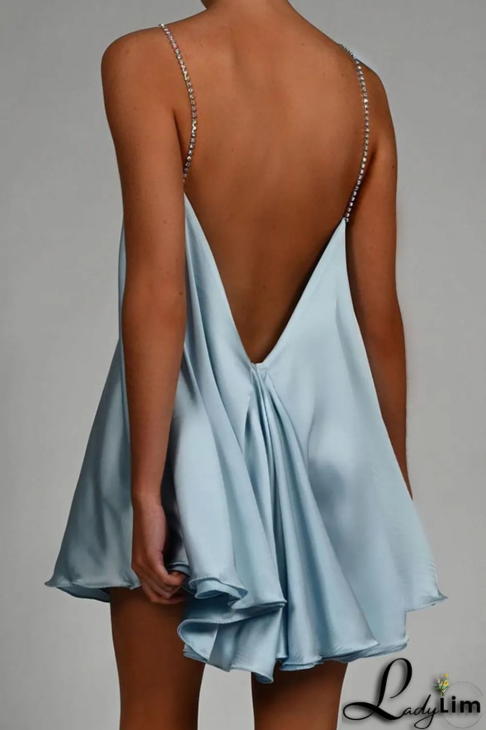 Light Blue Sexy Solid Patchwork Chains Asymmetrical Spaghetti Strap A Line Dresses
