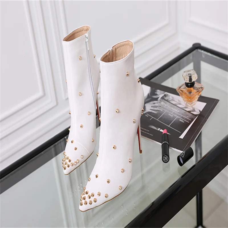 VCSHOES Women Genuine Leather Boots Solid Leather Golden Rivets Embellished Pointed Toe 11cm Thin High Heels Ankle Booties