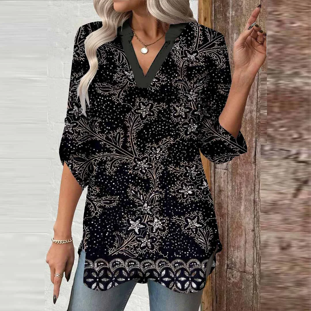 Women Foliage, Black, Brown, Silver DZGA0441 3/4 Sleeve V-neck Printed Graphic Button Tops