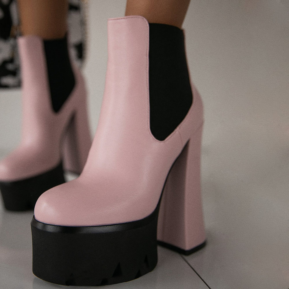 Light Pink Round Toe Platform Boots Y2K Chunky Heel Ankle Boots Nicepairs