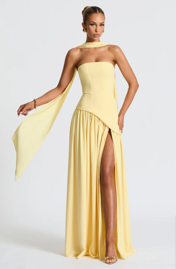 Light Yellow Fashion Split Strapless Summer Prom Dress With Scarf ZT0800