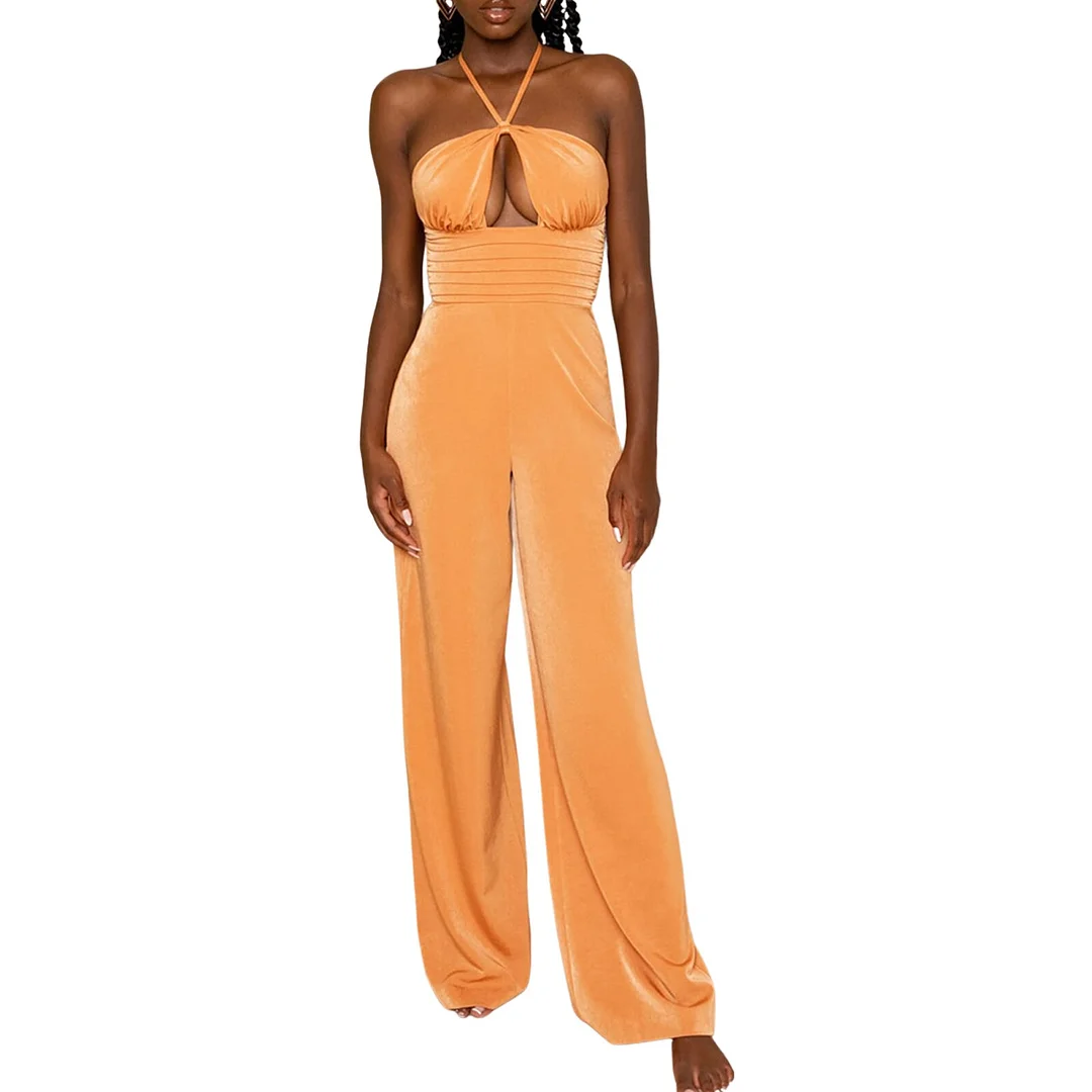 Hollow Tie Up Halter Jumpsuit Wide Leg Straight Pants Women Sleeveless High Waist Backless Romper Holiday Casual Playsuit