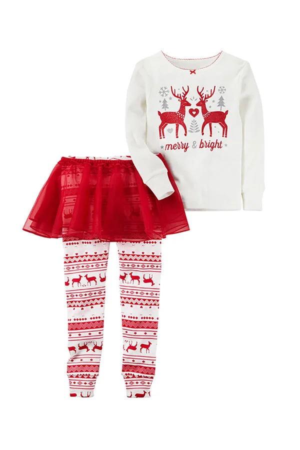 Cute Long Sleeve Kids Christmas Reindeer Print Tutu Pajamas White-elleschic